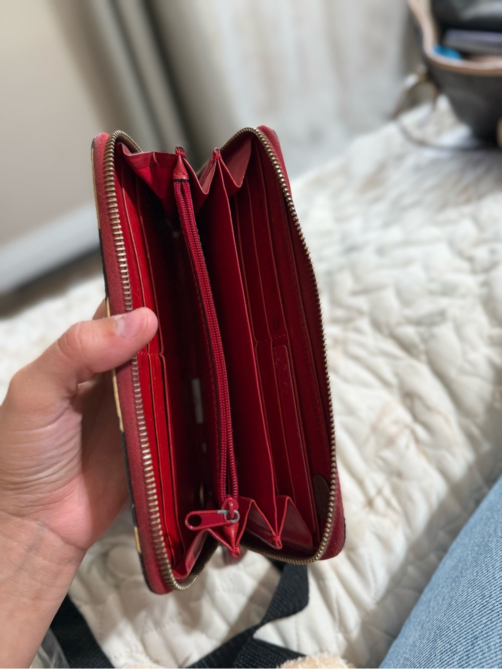 Dooney & Bourke Zebra-Print Leather Zip Wallet in Black, Tan & Red Trim - Picture 2 of 2
